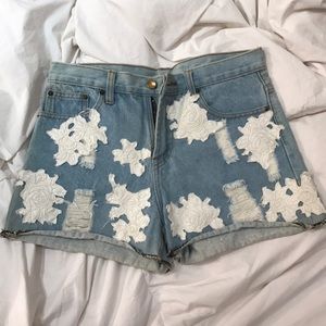 High Waisted Jean Shorts With Rose Detailing